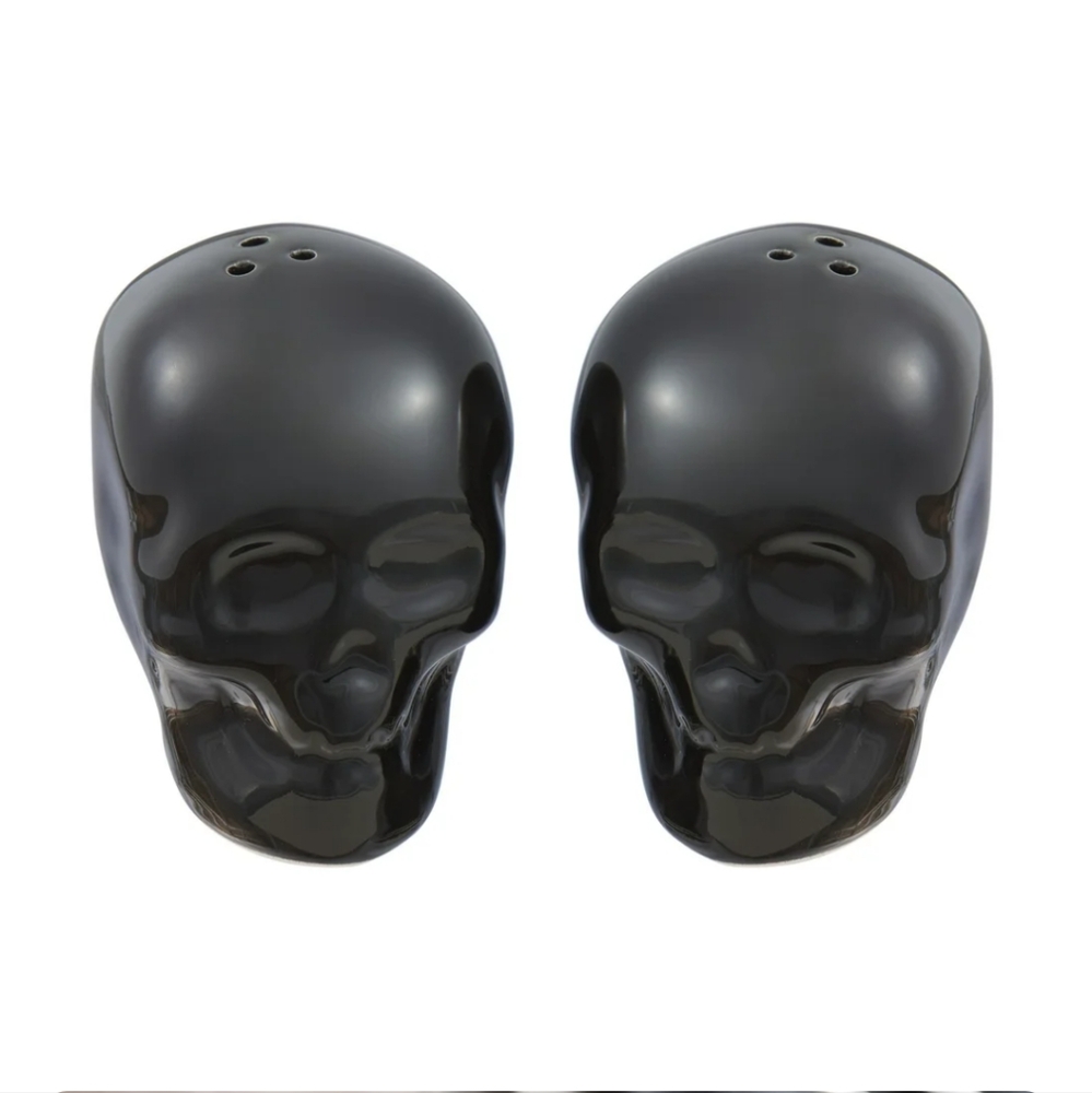 Black Skull-Shaped Glazed Ceramic Salt & Pepper Shaker Set